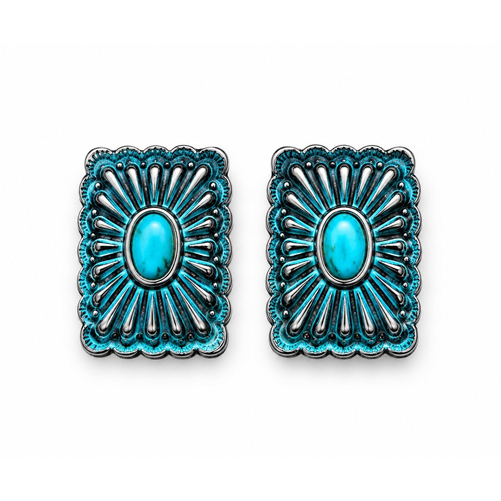 Turquoise Patina Howlite Stud Earrings Copper Tone Western Concho Cowgirl